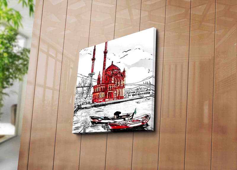 Canvas-taulu 45x45 cm - Punainen moskeija veden äärellä, etualalla veneitä - Punainen / Musta / Valkoinen - Sisustustuotteet - Taulu & taide - Canvas-taulu