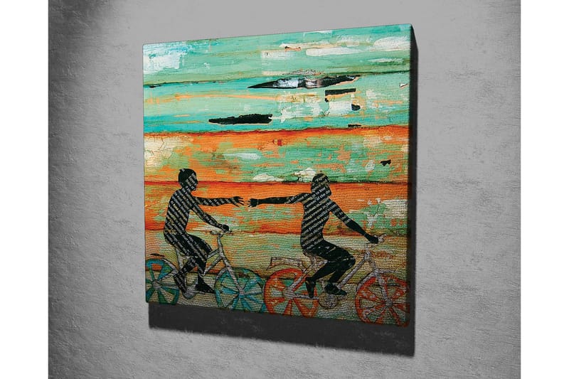 Canvas-taulu 45x45 cm - Pyöräilevät ihmiset ojentavat käsiään toisiaan kohti - Turkoosi / Oranssi / Musta - Sisustustuotteet - Taulu & taide - Canvas-taulu