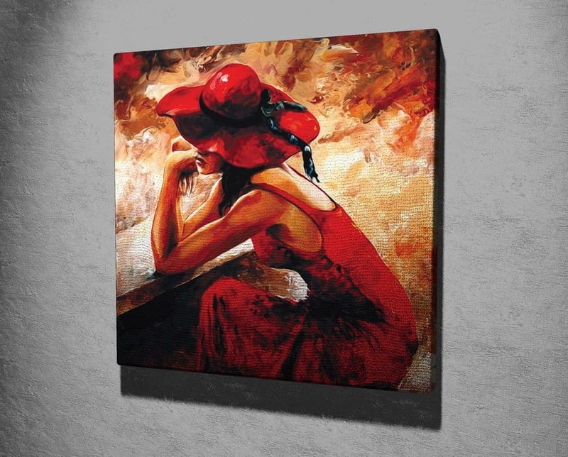 Canvas-taulu 45x45 cm - Punainen mekko ja punainen hattu -nainen nojaa penkkiin - Punainen / Beige / Musta - Sisustustuotteet - Taulu & taide - Canvas-taulu