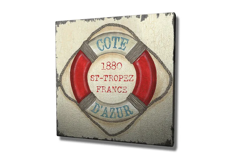 Canvas-taulu 45x45 cm - Pelastusrengas vintage-henkisellä tekstillä St-Tropez'sta - Punainen / Beige / Sininen - Sisustustuotteet - Taulu & taide - Canvas-taulu