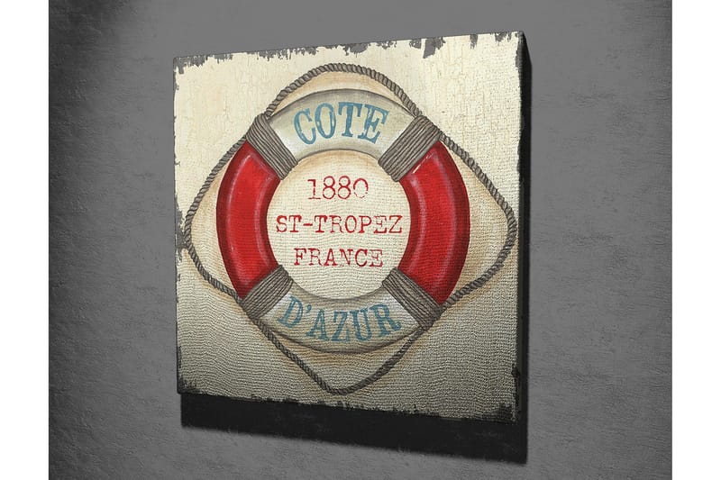 Canvas-taulu 45x45 cm - Pelastusrengas vintage-henkisellä tekstillä St-Tropez'sta - Punainen / Beige / Sininen - Sisustustuotteet - Taulu & taide - Canvas-taulu