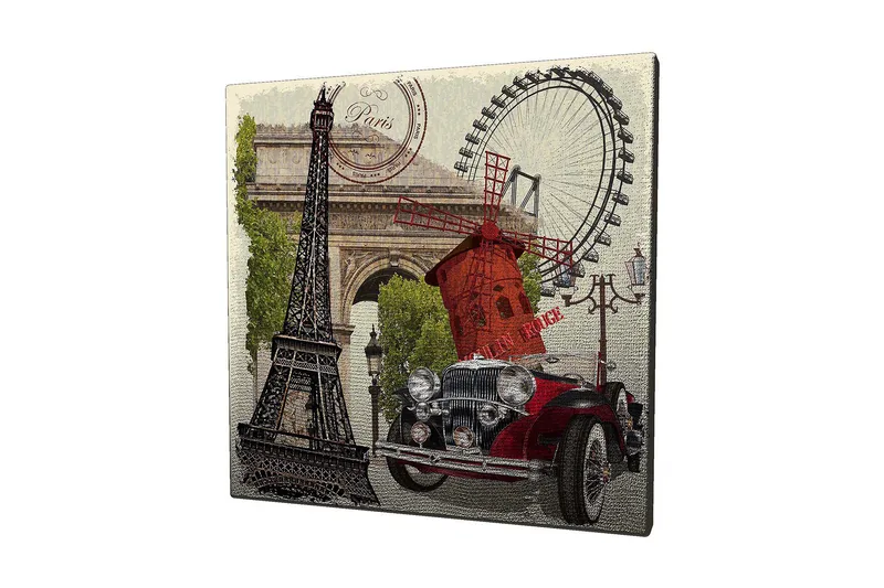 Canvas-taulu 45x45 cm - Pariisista inspiroitunut sommitelma Eiffel-tornilla, punaisella autolla ja tuulimyllyllä, Punainen / Musta / Vihreä