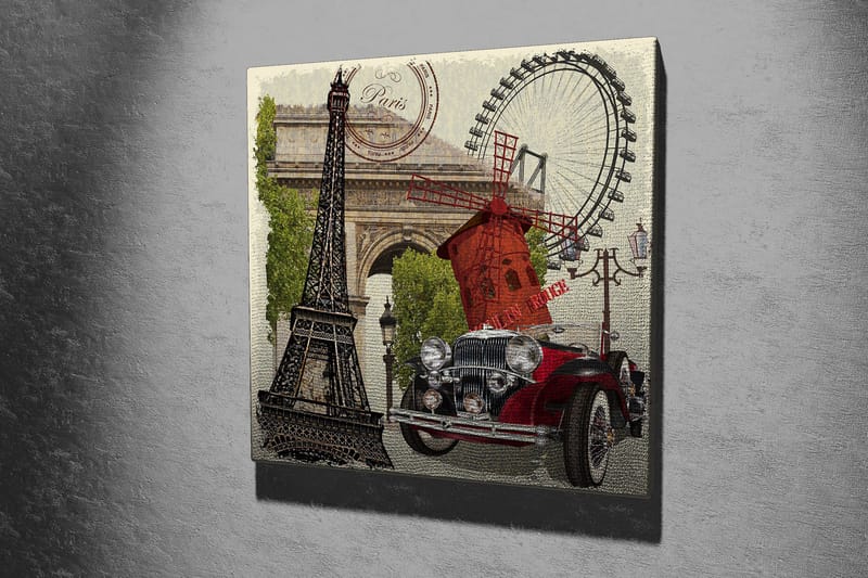 Canvas-taulu 45x45 cm - Pariisista inspiroitunut sommitelma Eiffel-tornilla, punaisella autolla ja tuulimyllyllä - Punainen / Musta / Vihreä - Sisustustuotteet - Taulu & taide - Canvas-taulu