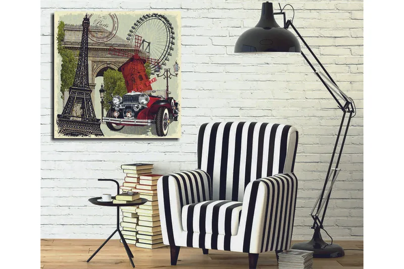Canvas-taulu 45x45 cm - Pariisista inspiroitunut sommitelma Eiffel-tornilla, punaisella autolla ja tuulimyllyllä - Punainen / Musta / Vihreä - Sisustustuotteet - Taulu & taide - Canvas-taulu
