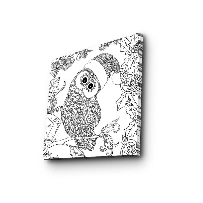 Canvas-taulu 45x45 cm - Pöllö tontunhatulla ja joulukoristeiden ympäröimänä - Musta / Valkoinen - Sisustustuotteet - Taulu & taide - Canvas-taulu