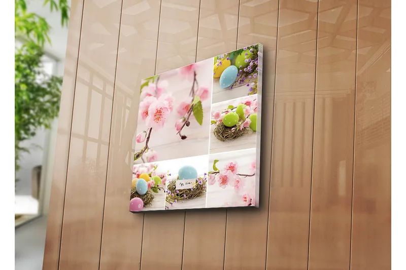 Canvas-taulu 45x45 cm - Pastellivärinen pääsiäisasetelma kukilla ja munilla, Vaaleanpunainen / Vihreä / Sininen