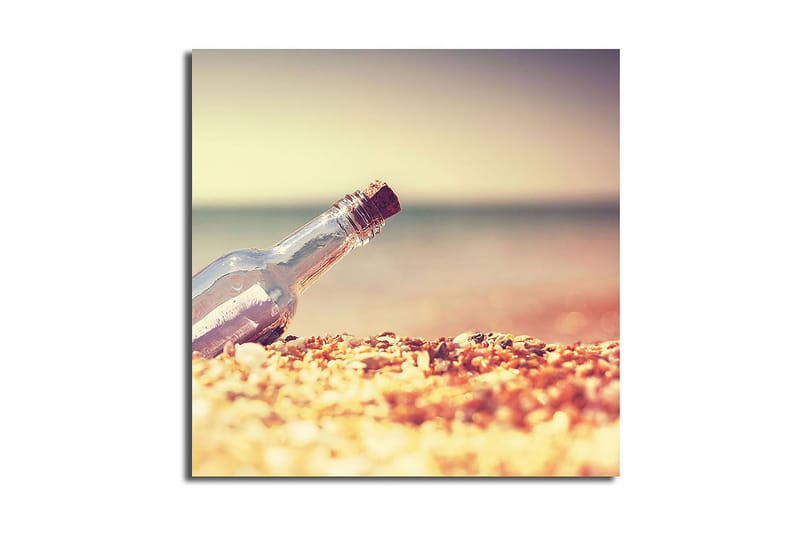 Canvas-taulu 45x45 cm - Pullo hiekkarannalla, meri taustalla - Läpinäkyvä / Beige / Sininen - Sisustustuotteet - Taulu & taide - Canvas-taulu