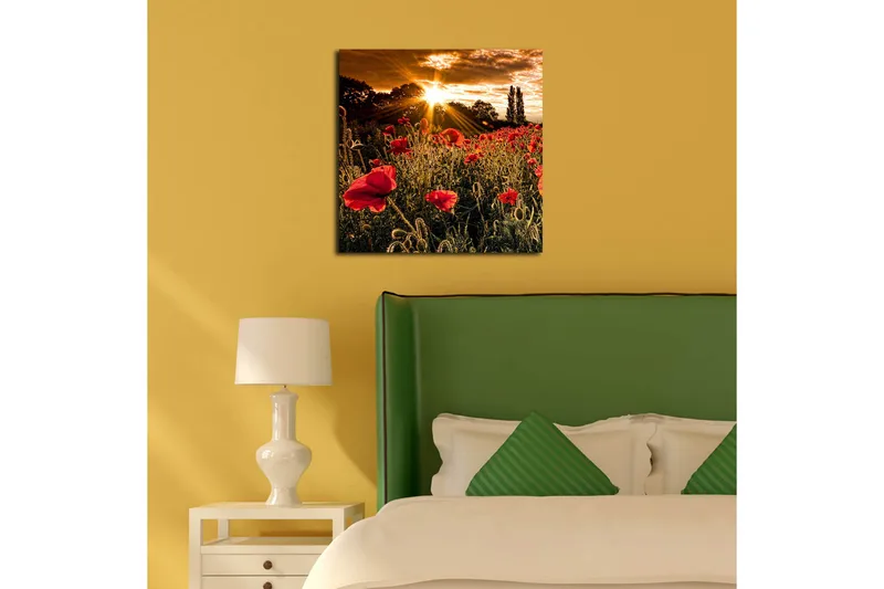 Canvas-taulu 45x45 cm - Punaisten unikkojen pelto kirkkaan auringon taustalla - Punainen / Oranssi / Vihreä - Sisustustuotteet - Taulu & taide - Canvas-taulu
