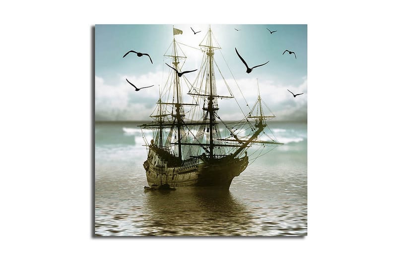 Canvas-taulu 45x45 cm - Purjevene peilimäisillä vesipinnoilla lintujen ympäröimänä - Sininen / Ruskea / Vihreä - Sisustustuotteet - Taulu & taide - Canvas-taulu