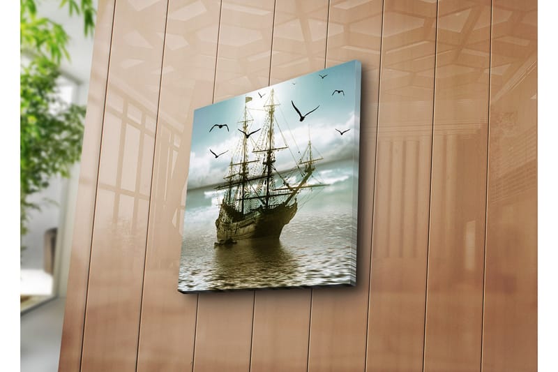 Canvas-taulu 45x45 cm - Purjevene peilimäisillä vesipinnoilla lintujen ympäröimänä - Sininen / Ruskea / Vihreä - Sisustustuotteet - Taulu & taide - Canvas-taulu