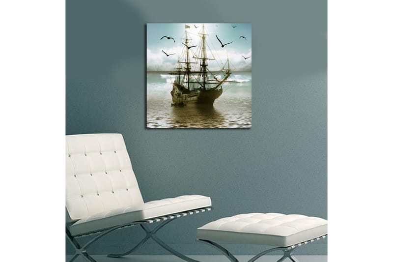 Canvas-taulu 45x45 cm - Purjevene peilimäisillä vesipinnoilla lintujen ympäröimänä - Sininen / Ruskea / Vihreä - Sisustustuotteet - Taulu & taide - Canvas-taulu