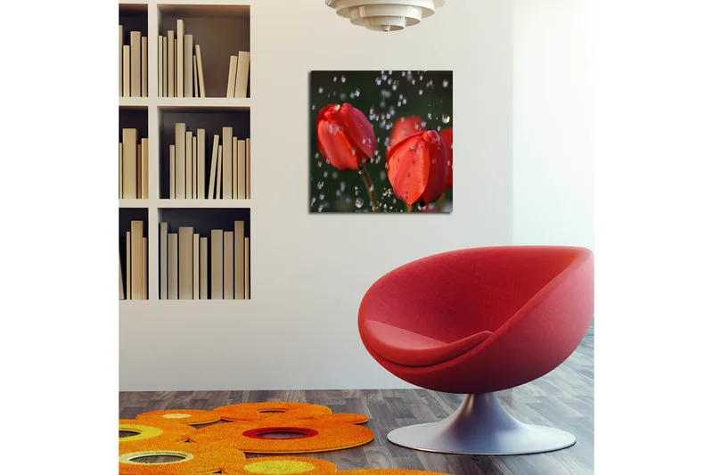 Canvas-taulu 45x45 cm - Punainen tulppaani ja valossa kimaltelevat vesipisarat - Punainen / Vihreä - Sisustustuotteet - Taulu & taide - Canvas-taulu