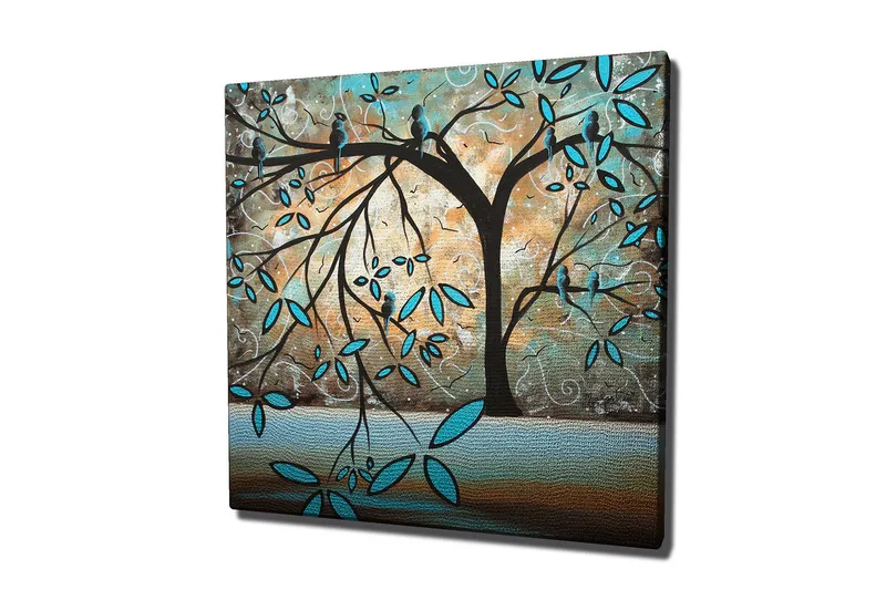 Canvas-taulu 45x45 cm - Puun siluetti lintujen ja tyyliteltyjen lehtien kanssa, Turkoosi / Ruskea / Beige
