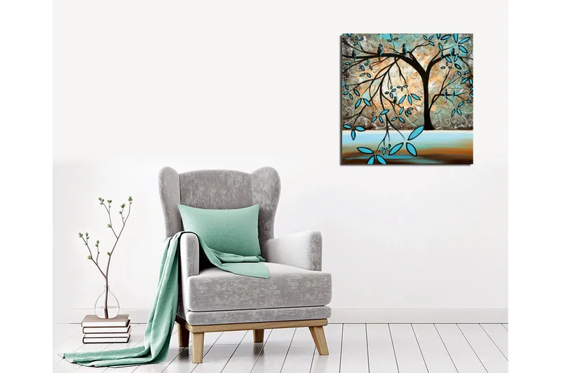 Canvas-taulu 45x45 cm - Puun siluetti lintujen ja tyyliteltyjen lehtien kanssa - Turkoosi / Ruskea / Beige - Sisustustuotteet - Taulu & taide - Canvas-taulu
