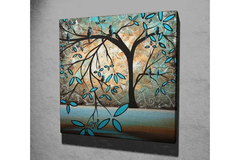 Canvas-taulu 45x45 cm - Puun siluetti lintujen ja tyyliteltyjen lehtien kanssa - Turkoosi / Ruskea / Beige - Sisustustuotteet - Taulu & taide - Canvas-taulu
