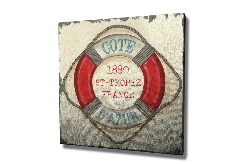 Canvas-taulu 45x45 cm - Pelastusrengas vintage-henkisellä tekstillä St-Tropez'sta - Punainen / Beige / Sininen - Sisustustuotteet - Taulu & taide - Canvas-taulu