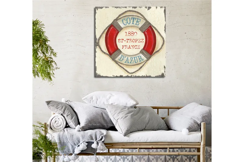 Canvas-taulu 45x45 cm - Pelastusrengas vintage-henkisellä tekstillä St-Tropez'sta - Punainen / Beige / Sininen - Sisustustuotteet - Taulu & taide - Canvas-taulu