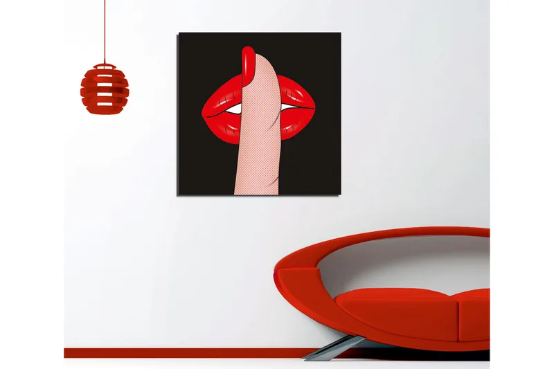 Canvas-taulu 45x45 cm - Punainen huuli ja sormi hiljaisella eleellä - Punainen / Beige / Musta - Sisustustuotteet - Taulu & taide - Canvas-taulu