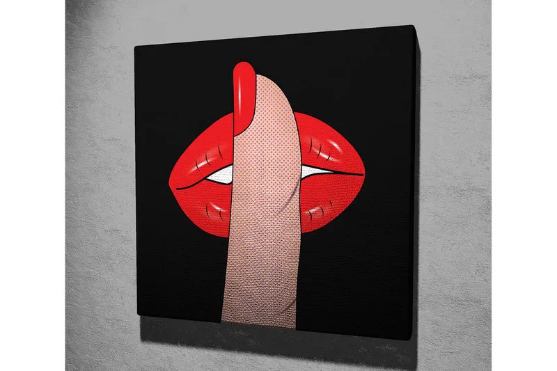 Canvas-taulu 45x45 cm - Punainen huuli ja sormi hiljaisella eleellä - Punainen / Beige / Musta - Sisustustuotteet - Taulu & taide - Canvas-taulu