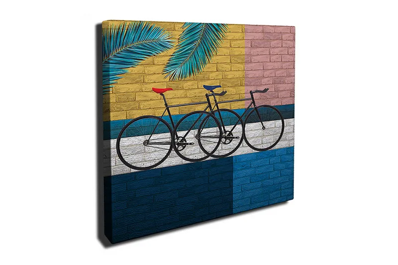 Canvas-taulu 45x45 cm - Polkupyörät värikästä seinää vasten, Keltainen / Sininen / Musta