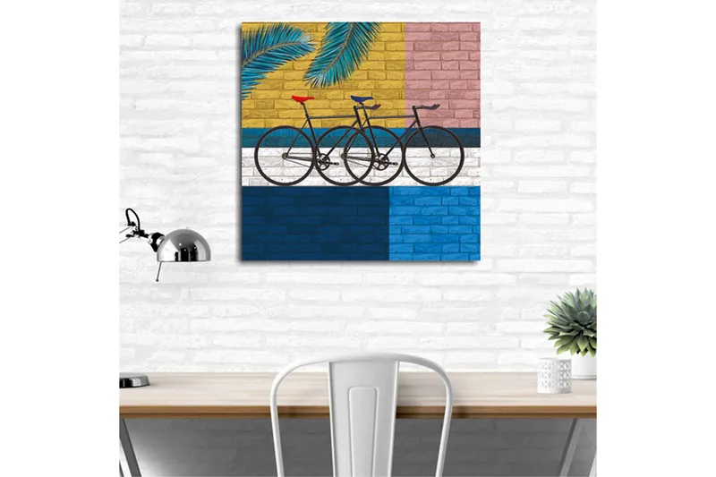 Canvas-taulu 45x45 cm - Polkupyörät värikästä seinää vasten - Keltainen / Sininen / Musta - Sisustustuotteet - Taulu & taide - Canvas-taulu