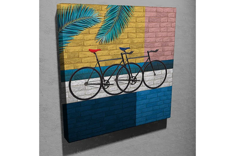 Canvas-taulu 45x45 cm - Polkupyörät värikästä seinää vasten - Keltainen / Sininen / Musta - Sisustustuotteet - Taulu & taide - Canvas-taulu