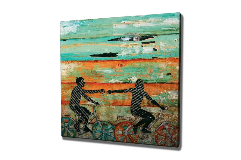 Canvas-taulu 45x45 cm - Pyöräilevät ihmiset ojentavat käsiään toisiaan kohti - Turkoosi / Oranssi / Musta - Sisustustuotteet - Taulu & taide - Canvas-taulu