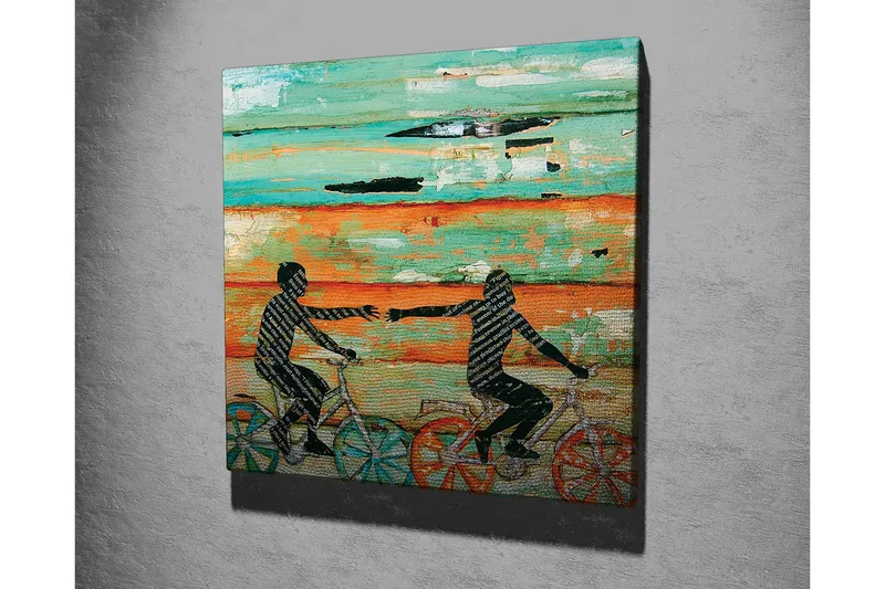 Canvas-taulu 45x45 cm - Pyöräilevät ihmiset ojentavat käsiään toisiaan kohti - Turkoosi / Oranssi / Musta - Sisustustuotteet - Taulu & taide - Canvas-taulu