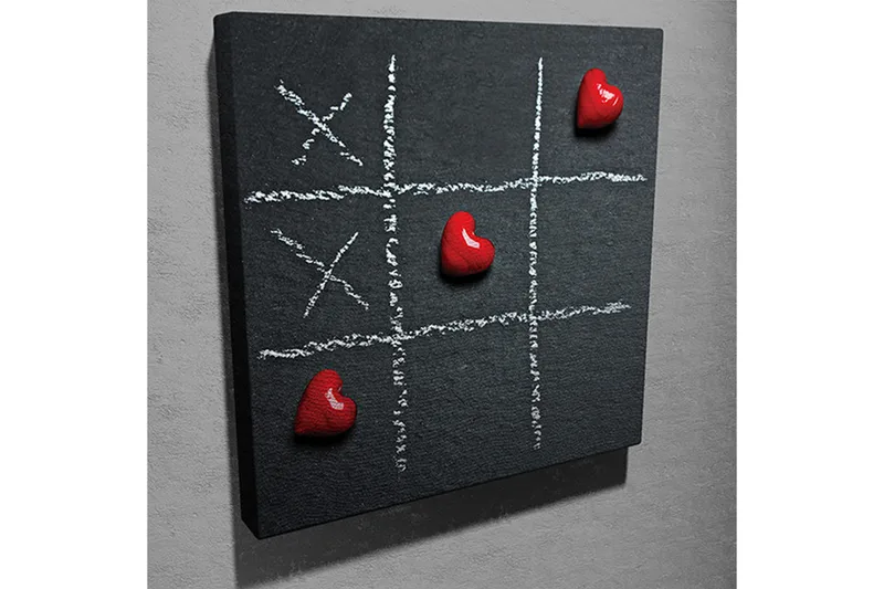 Canvas-taulu 45x45 cm - Pelilauta kolmelle rivissä, sydänpalikat pelinappuloina - Punainen / Valkoinen / Musta - Sisustustuotteet - Taulu & taide - Canvas-taulu