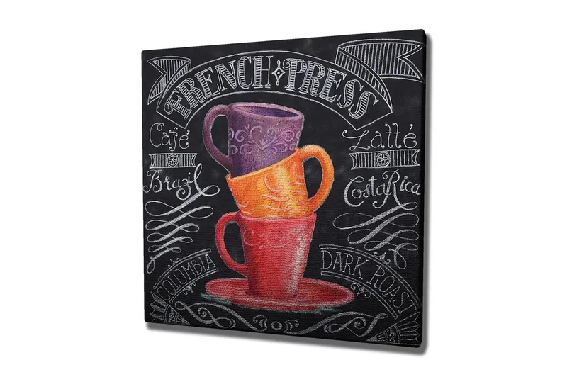 Canvas-taulu 45x45 cm - Pinottuja kahvikuppeja kirkkaissa väreissä, Violetti / Oranssi / Punainen