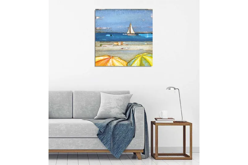 Canvas-taulu 45x45 cm - Purjevene tyynellä järvellä aurinkovarjojen edessä - Sininen / Keltainen / Beige - Sisustustuotteet - Taulu & taide - Canvas-taulu