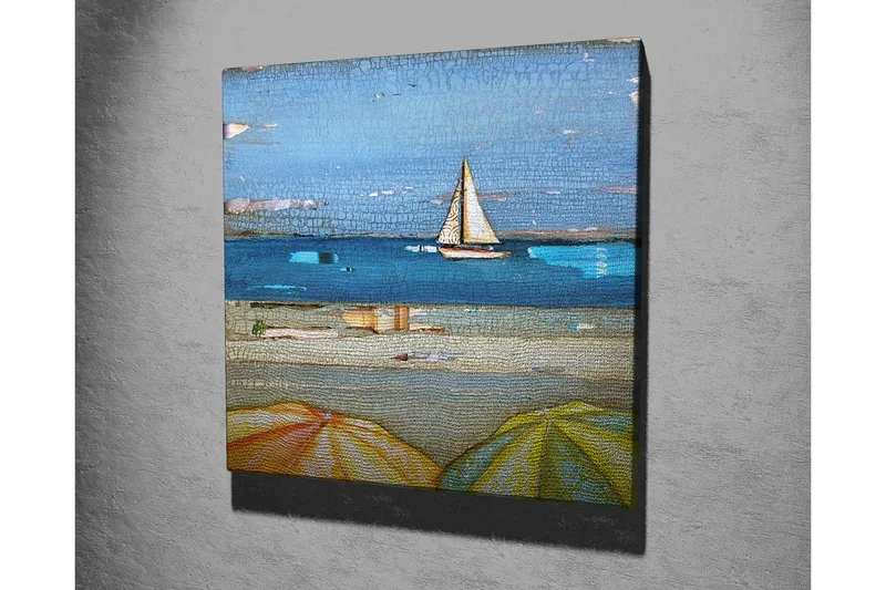 Canvas-taulu 45x45 cm - Purjevene tyynellä järvellä aurinkovarjojen edessä - Sininen / Keltainen / Beige - Sisustustuotteet - Taulu & taide - Canvas-taulu