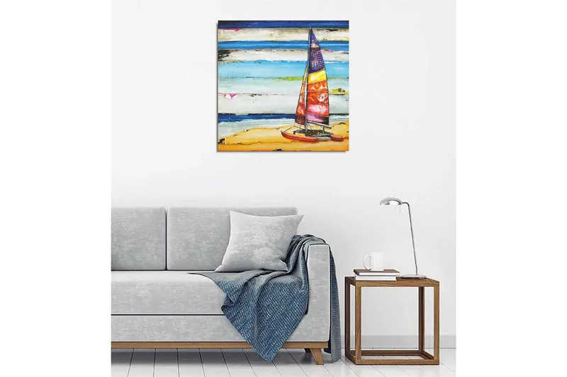 Canvas-taulu 45x45 cm - Purjevene rannalla värikkäillä purjeilla - Sininen / Oranssi / Punainen - Sisustustuotteet - Taulu & taide - Canvas-taulu