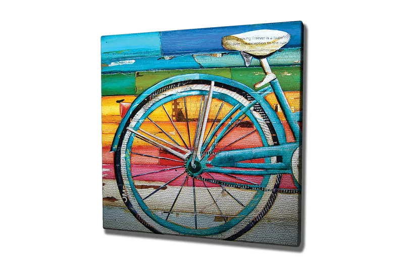 Canvas-taulu 45x45 cm - Polkupyörän pyörä värikkäällä taustalla, Turkoosi / Oranssi / Vaaleanpunainen
