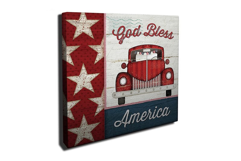 Canvas-taulu 45x45 cm - Punainen vintage-auto amerikkalaisilla tähdillä ja tekstillä God Bless America, Punainen / Valkoinen / Sininen