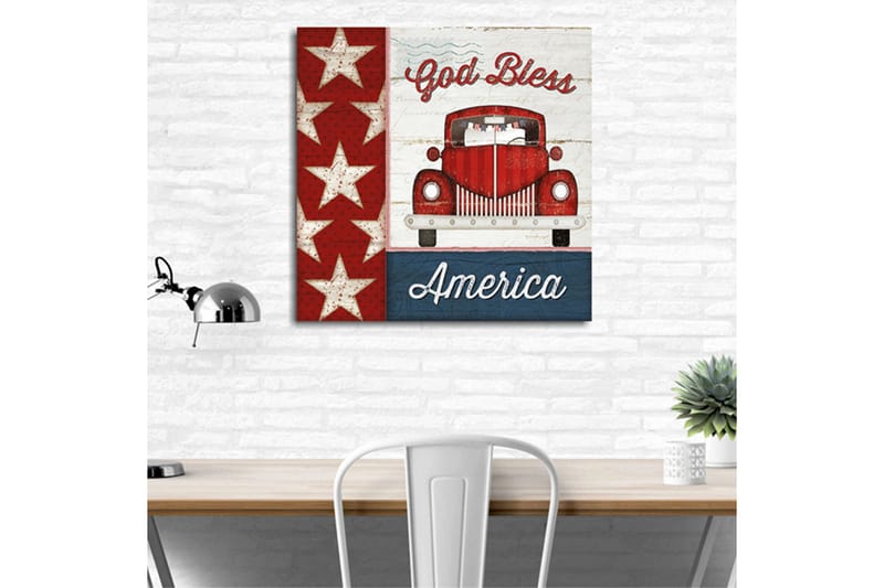 Canvas-taulu 45x45 cm - Punainen vintage-auto amerikkalaisilla tähdillä ja tekstillä God Bless America - Punainen / Valkoinen / Sininen - Sisustustuotteet - Taulu & taide - Canvas-taulu