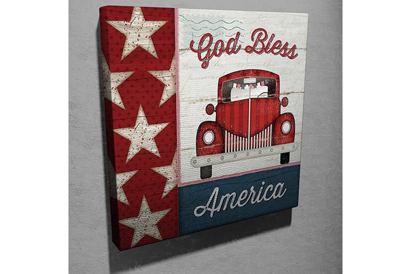 Canvas-taulu 45x45 cm - Punainen vintage-auto amerikkalaisilla tähdillä ja tekstillä God Bless America - Punainen / Valkoinen / Sininen - Sisustustuotteet - Taulu & taide - Canvas-taulu