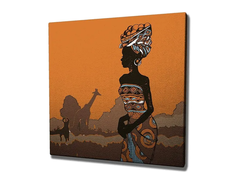 Canvas-taulu 45x45 cm - Perinteisiin vaatteisiin pukeutuneen naisen siluetti oranssia taustaa vasten - Oranssi / Musta / Ruskea - Sisustustuotteet - Taulu & taide - Canvas-taulu