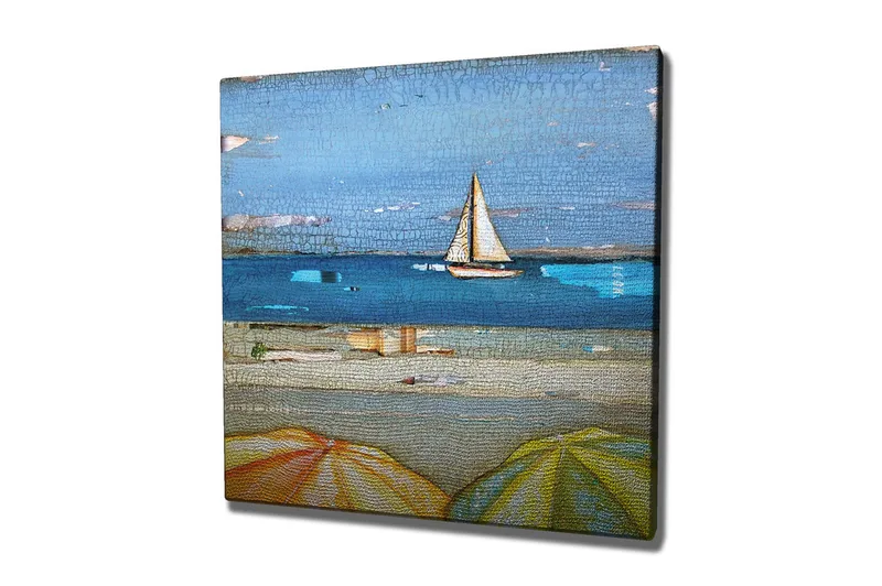 Canvas-taulu 45x45 cm - Purjevene tyynellä järvellä aurinkovarjojen edessä - Sininen / Keltainen / Beige - Sisustustuotteet - Taulu & taide - Canvas-taulu