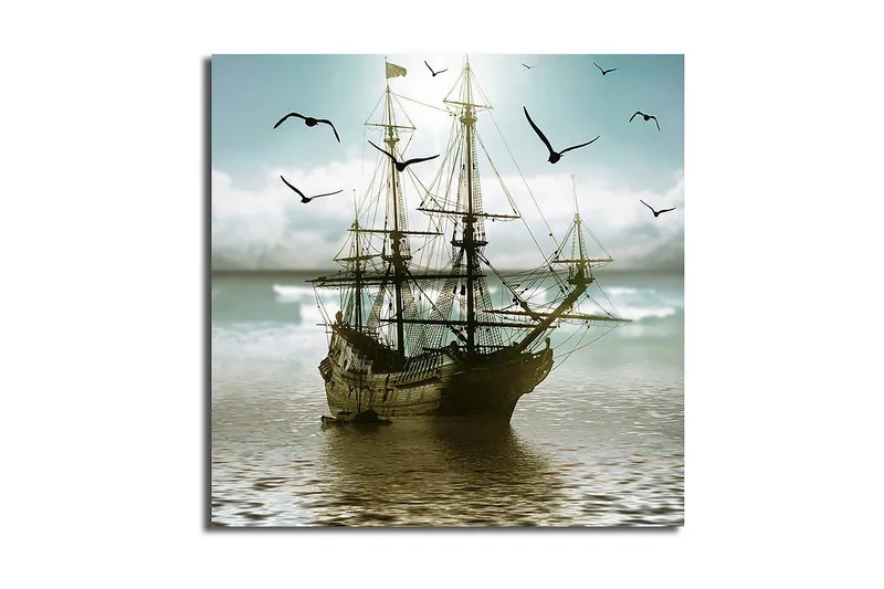 Canvas-taulu 45x45 cm - Purjevene peilimäisillä vesipinnoilla lintujen ympäröimänä - Sininen / Ruskea / Vihreä - Sisustustuotteet - Taulu & taide - Canvas-taulu