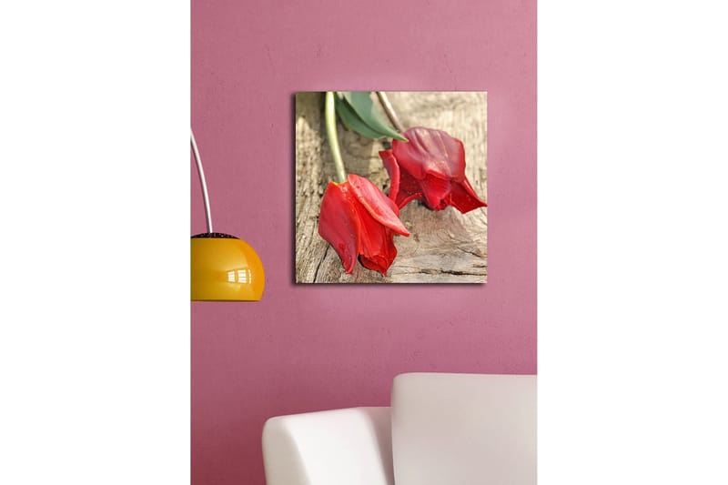 Canvas-taulu 45x45 cm - Punaiset tulppaanit puupinnalla - Punainen / Vihreä - Sisustustuotteet - Taulu & taide - Canvas-taulu