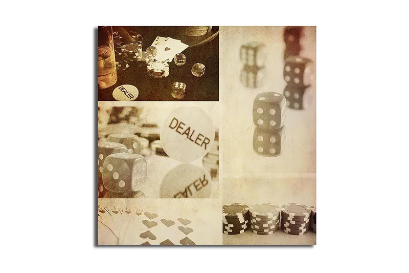 Canvas-taulu 45x45 cm - Peliaiheinen sommitelma nopilla ja pelimerkeillä, Harmaa / Valkoinen / Beige