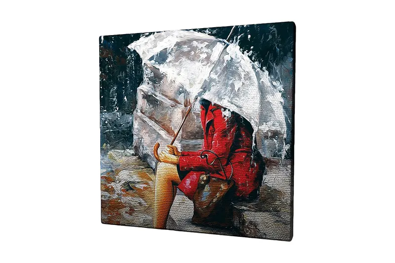 Canvas-taulu 45x45 cm - Punatakkinen nainen istuu sateenvarjon alla sateessa, Punainen / Harmaa / Beige