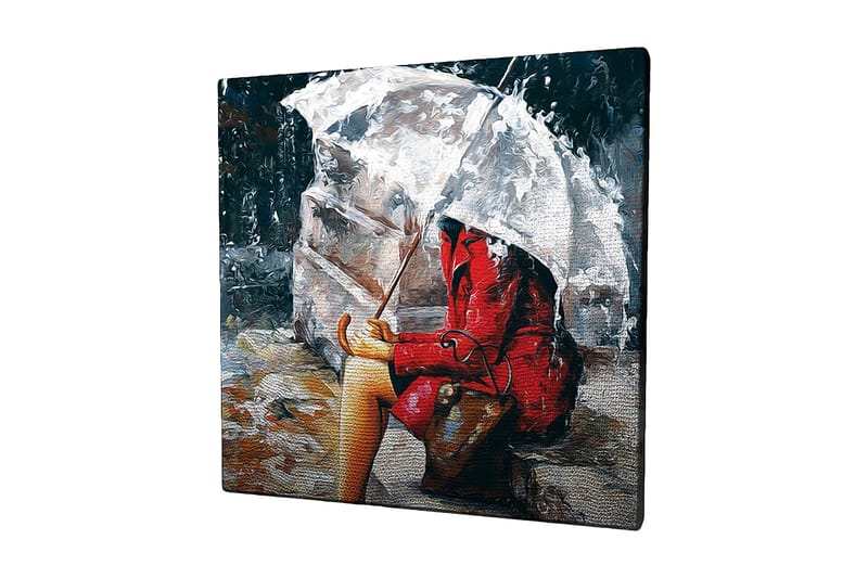 Canvas-taulu 45x45 cm - Punatakkinen nainen istuu sateenvarjon alla sateessa, Punainen / Harmaa / Beige