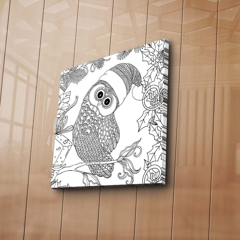 Canvas-taulu 45x45 cm - Pöllö tontunhatulla ja joulukoristeiden ympäröimänä - Musta / Valkoinen - Sisustustuotteet - Taulu & taide - Canvas-taulu