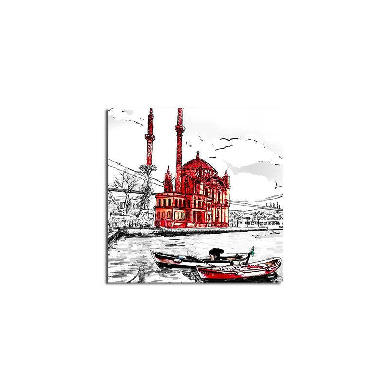 Canvas-taulu 45x45 cm - Punainen moskeija veden äärellä, etualalla veneitä, Punainen / Musta / Valkoinen