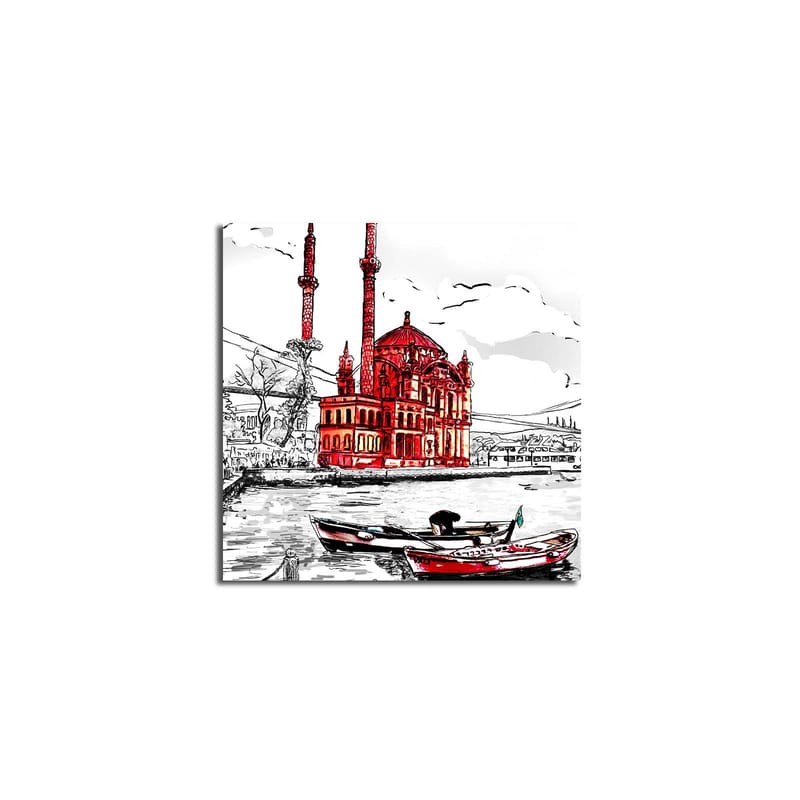 Canvas-taulu 45x45 cm - Punainen moskeija veden äärellä, etualalla veneitä, Punainen / Musta / Valkoinen