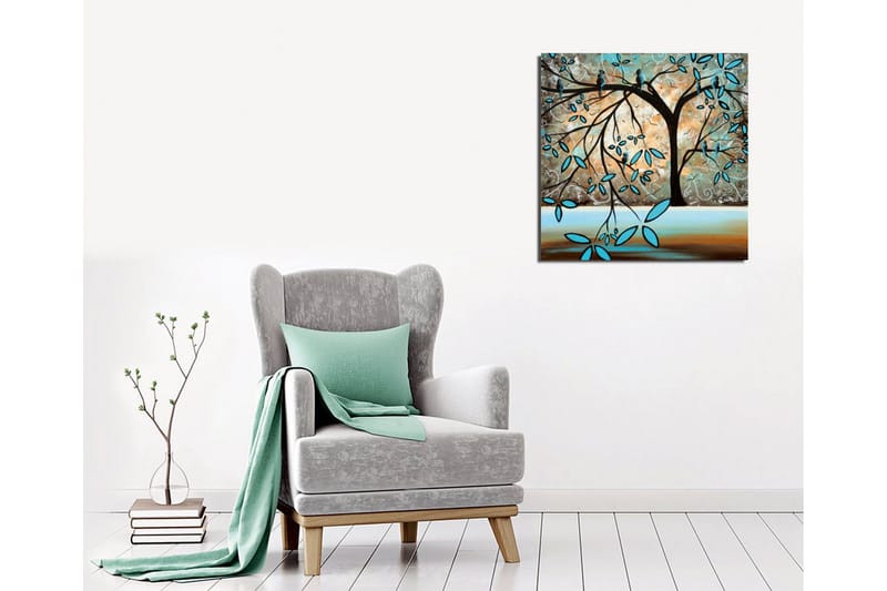 Canvas-taulu 45x45 cm - Puun siluetti lintujen ja tyyliteltyjen lehtien kanssa - Turkoosi / Ruskea / Beige - Sisustustuotteet - Taulu & taide - Canvas-taulu