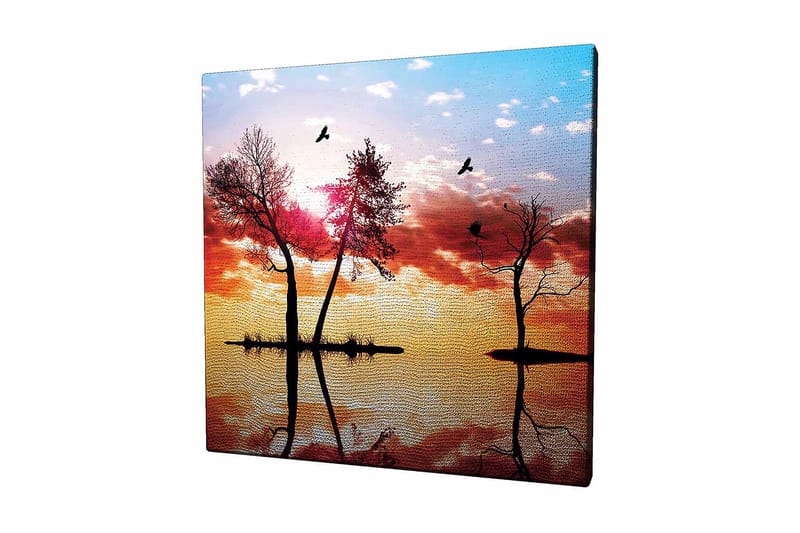 Canvas-taulu 45x45 cm - Puiden siluetteja auringonlaskussa ja heijastuksia vedessä, Oranssi / Vaaleanpunainen / Sininen