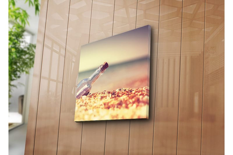 Canvas-taulu 45x45 cm - Pullo hiekkarannalla, meri taustalla - Läpinäkyvä / Beige / Sininen - Sisustustuotteet - Taulu & taide - Canvas-taulu